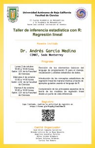 Taller de inferencia estadística con R: Regresión lineal impartido por el Dr. Andrés García Medina, CIMAT, Sede Monterrey (adjunto el póster).