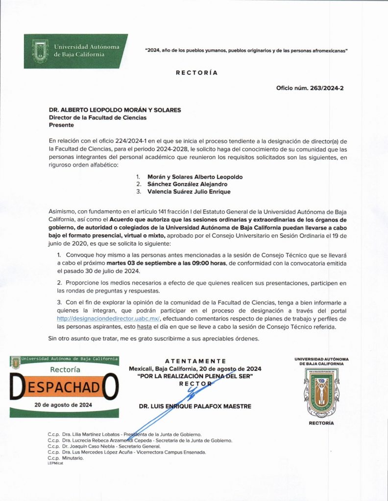 Oficio con los nombres de  las personas integrantes del personal académico que cumplieron con los requisitos  para el proceso de designación de director(a) 2024-2028