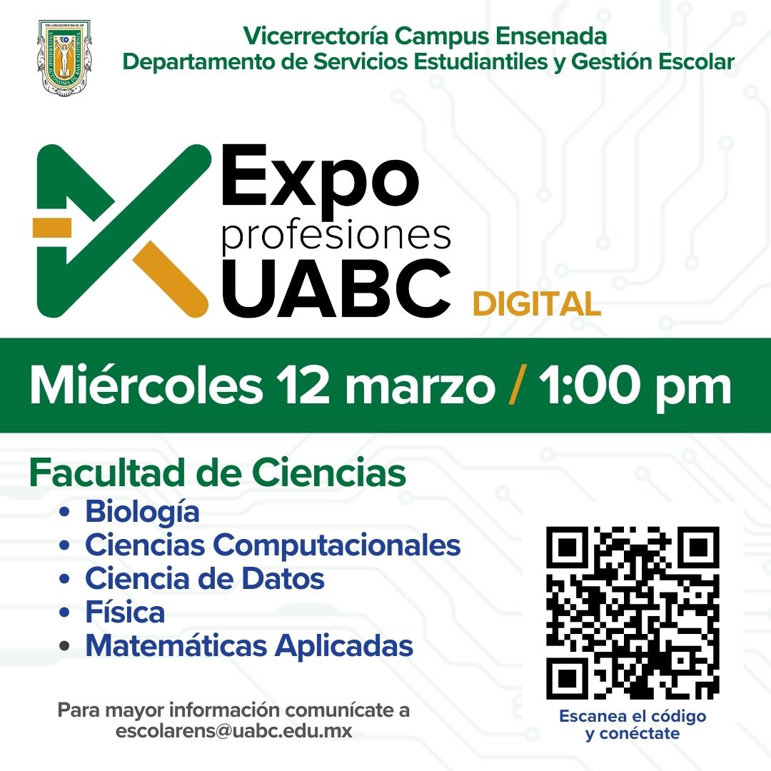 📣 Si estas interesado en estudiar alguna de las Licenciaturas ofertadas en la Facultad de Ciencias de la UABC campus Ensenada, escanea el código y conéctate.  ¡Conéctate y conoce más detalles de nuestros programas educativos y de la convocatoria de la UABC!